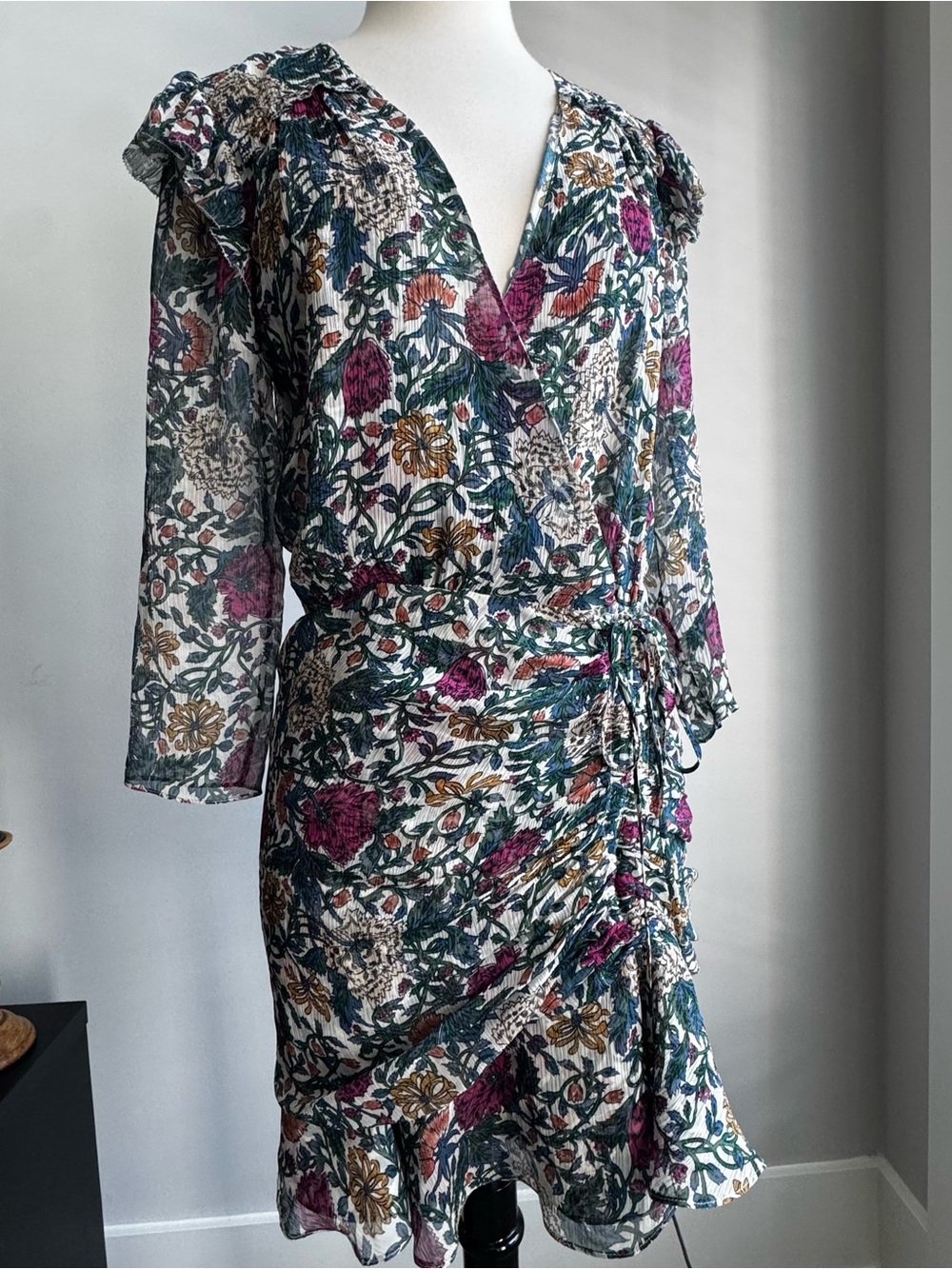 Veronica Beard Green Floral Long-Sleeve Wrap Dress with Pink & Gold Accents